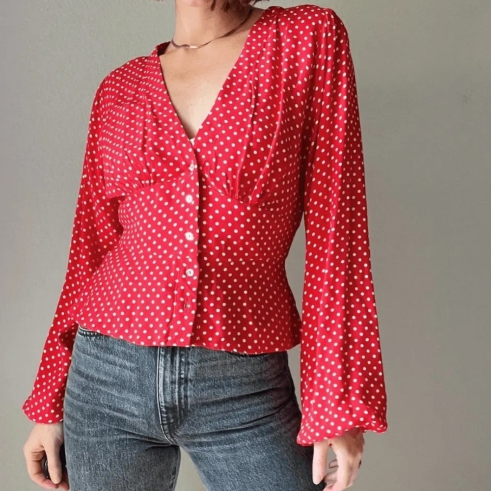 NWT XS Free People Love Street Polka Dot Top Long Sleeves Buttons Red and White